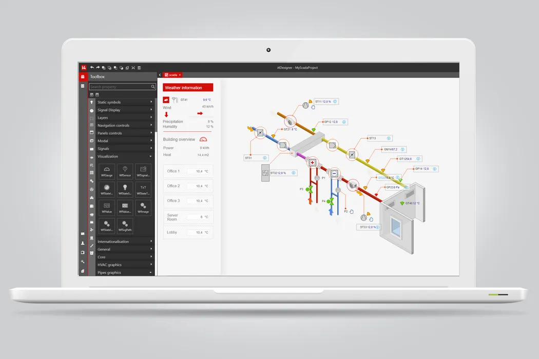 Mit dem webbasierten i4designer lassen sich selbst komplexe HTML5-Visualisierungen ohne tiefgreifende Programmierkenntnisse per Drag & Drop erstellen, und das völlig unabhängig von der in der Maschine oder Anlage eingesetzten HMI- oder SCADA-Anwendung.